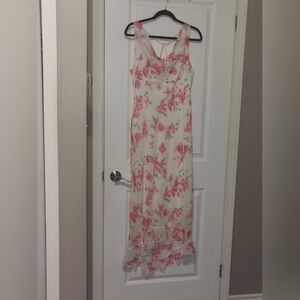B. Smart White Maxi Dress with Pink Floral Print